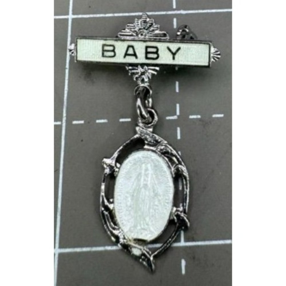 Sterling Silver Chapel Tiny Miraculous Medal on Godchild Bar Pin